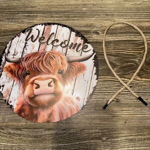 1pc Farmhouse Baby Cow Welcome Round Rustic Sign. 8”x8”. New. 5